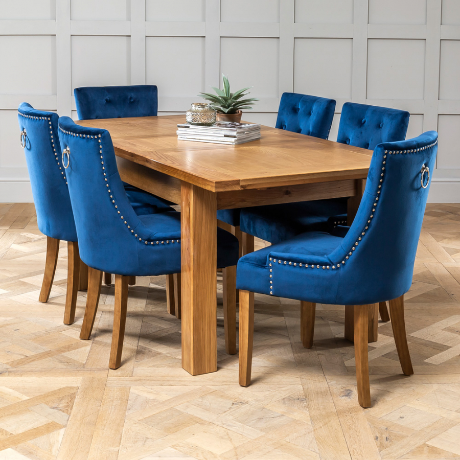 Solid Oak Medium Extending Dining Table + 6 x Blue Velvet Scoop Chairs