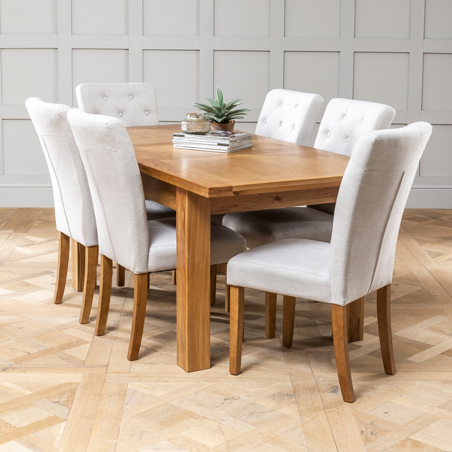 Solid Oak Medium Extending Dining Table + 6 x Bunbury Oatmeal Chairs