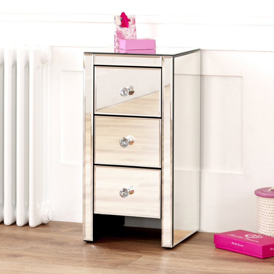 Venetian Mirrored 3 Drawer Slim Narrow Bedside