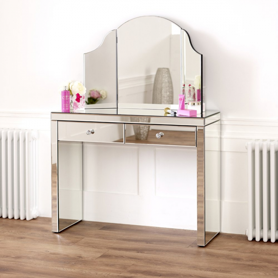 Venetian Mirrored 2 Drawer Dressing Table + Tri-Sided Vanity Mirror Set