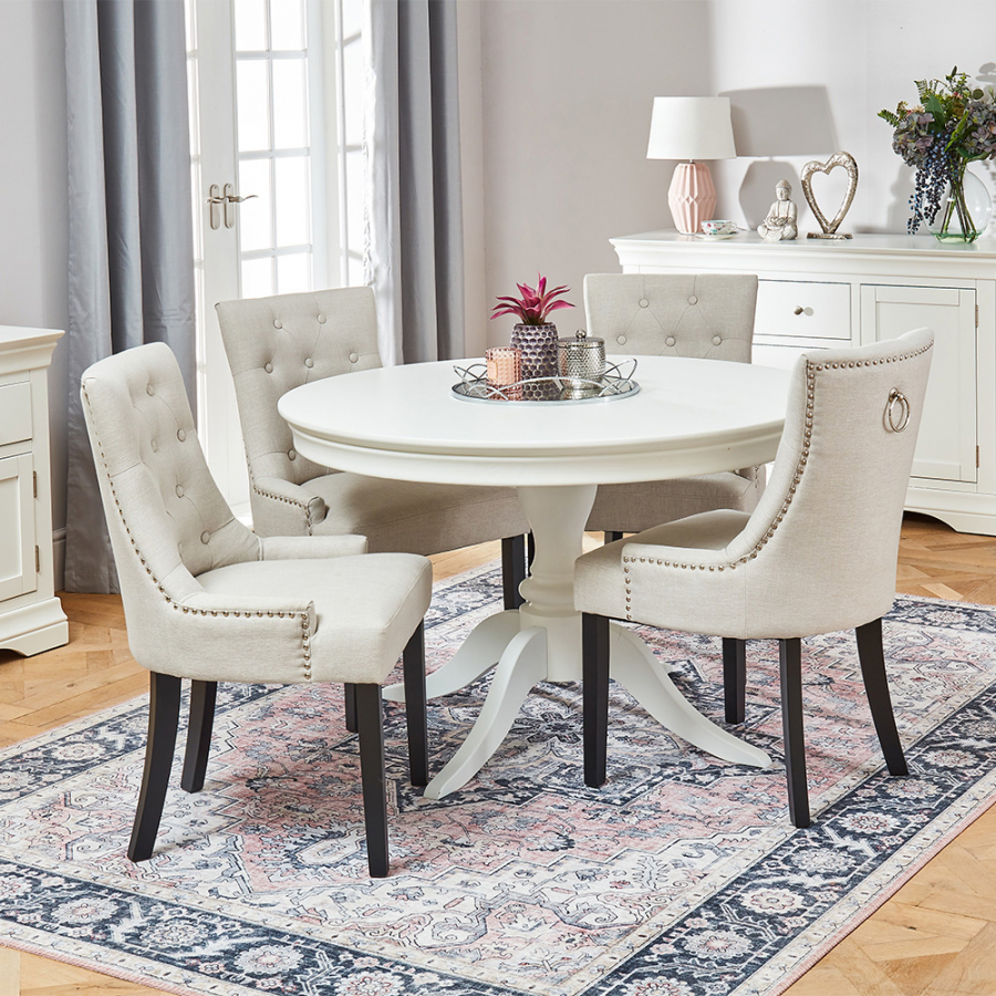 Wilmslow White Round Dining Table with 4 Natural Fabric Scoop Chairs