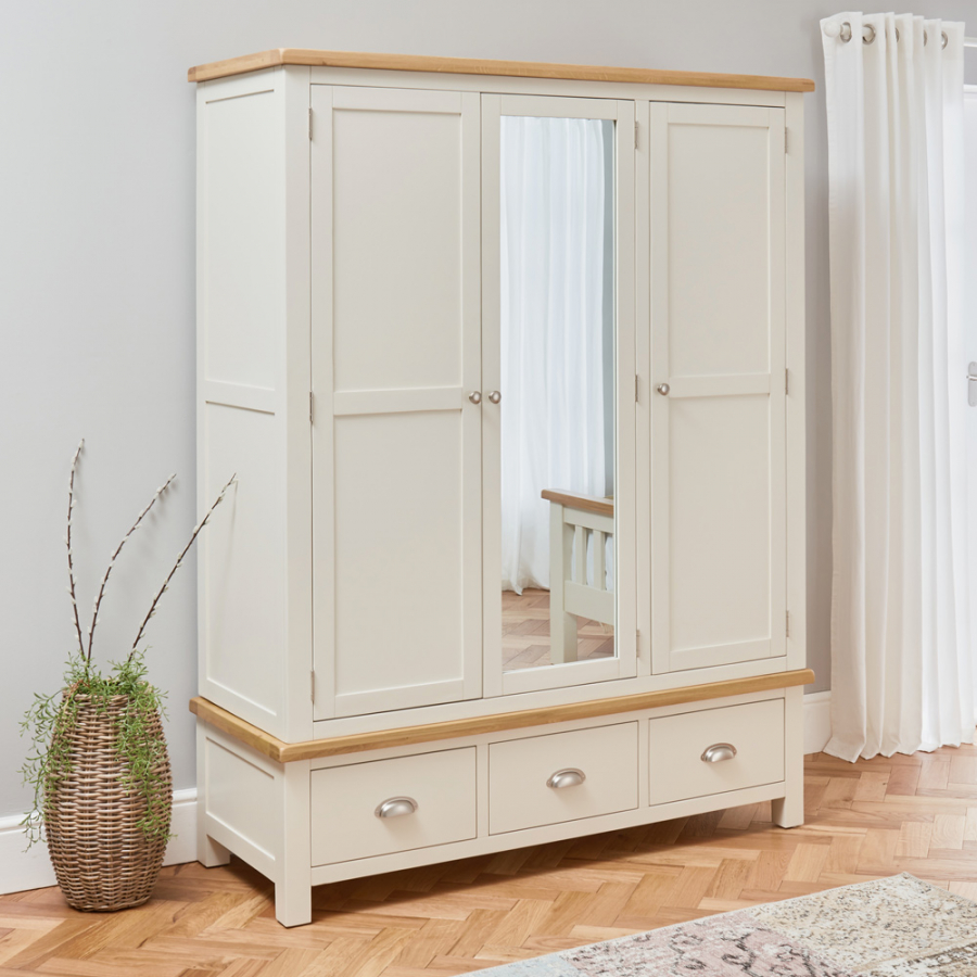 Cotswold Cream Painted Triple 3 Door Wardrobe with Mirror