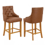 Luxury Vintage Tan Brown Leather Scoop Back Counter Bar Stool with Oak Legs