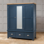 Westbury Blue Painted Triple 3 Door Mirrored Wardrobe with 3 Drawers