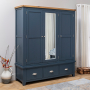 Westbury Blue Painted Triple 3 Door Mirrored Wardrobe with 3 Drawers