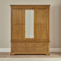 French Louis Oak 3 Door Triple Wardrobe with Mirror and 4 Drawers