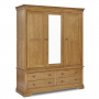 French Louis Oak 3 Door Triple Wardrobe with Mirror and 4 Drawers