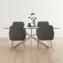 Geo Glass Dining Table with Chrome Legs and 4 Savoy Dark Grey Carver Dining Chairs