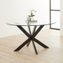 Geo Glass Round Dining Table with Black Legs and 4 Brogan Charcoal Dining Chairs