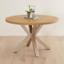 Industrial Parquet Natural Oak 120cm Round Dining Table with Grey Starburst Legs – 4 to 6 Seater