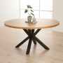 Industrial Natural Oak 150cm Round Dining Table with Black Starburst Legs – 6 to 8 Seater