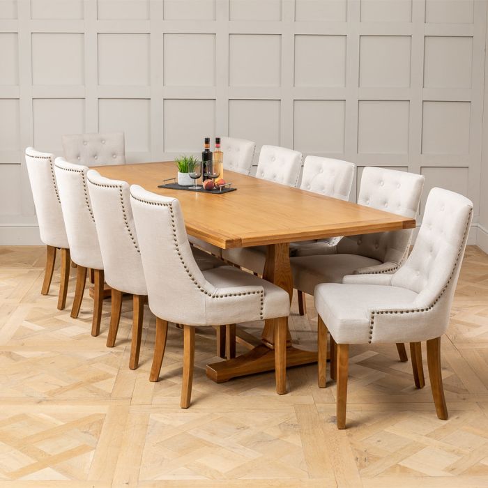 Solid Oak Refectory 2 4m Dining Table And 10 Natural Scoop Chairs The Furniture Market