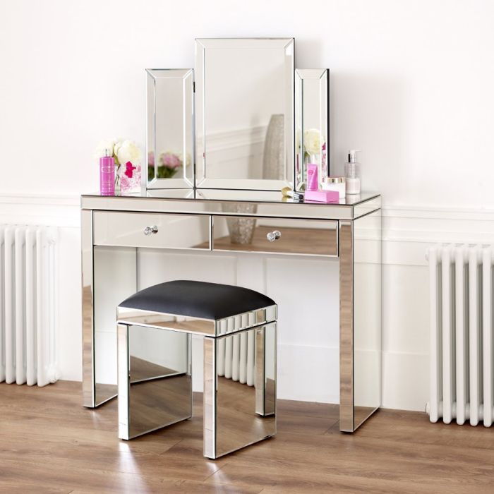 Venetian Mirrored Dressing Table With Mirrored Black Stool And Tri Sided Rectangle Vanity Mirror The Furniture Market