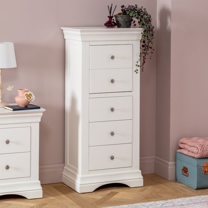 Wilmslow White Painted 5 Drawer Tallboy Wellington Chest Of