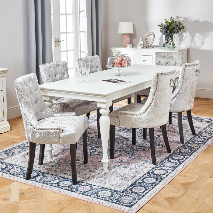 Wilmslow White Rectangle Dining Table 6 Silver Crushed Velvet Chairs The Furniture Market
