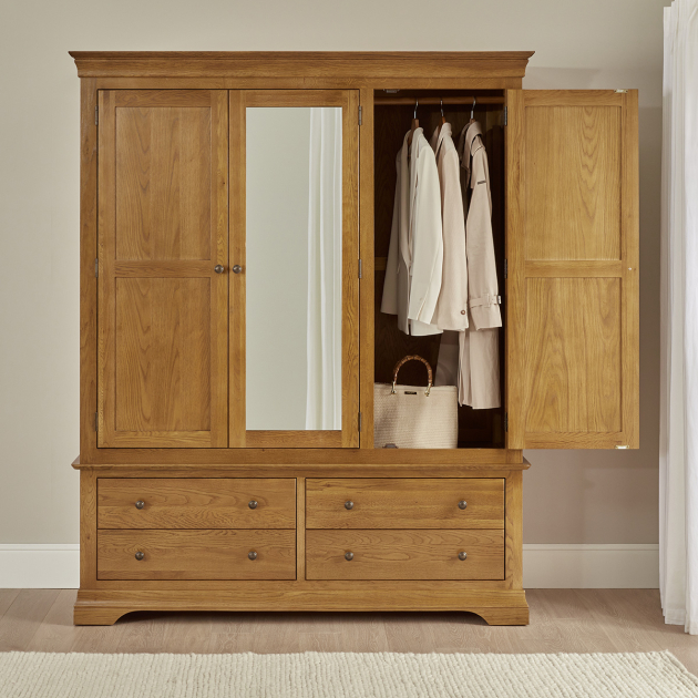 French Louis Oak 3 Door Triple Wardrobe with Mirror and 4 Drawers
