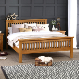 Solid Oak Slatted 4ft 6in Double Size Bed with high foot board | The ...